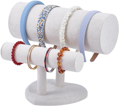 Inovra - 2T Bar Armbandhouder met Hartvormige Basis - 30.5x18x25.5cm - Witte Velvet Armbandhouder voor Sieraden Organizer en Opbergrek