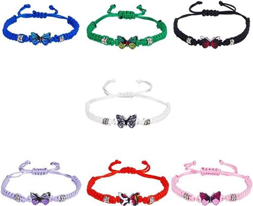 Inovra - 7-delige Vlinderarmband - 7 Kleuren, Verstelbaar, Handgemaakt, Bohemian Armbanden met Vlinderbedels - Polyesterkoord Armband met RVS