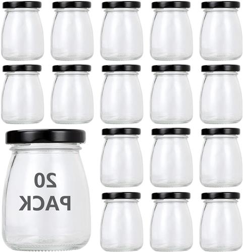 Inovra - Set van 20 glazen potjes van 100 ml met zwarte deksel - ideaal voor yoghurt, jam en mousse