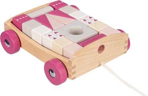 Trekwagen: BOUWBLOKKEN Lifestyle Berry 17x15x5,5cm, met 20 blokken, geglazuurd  hout, 2+