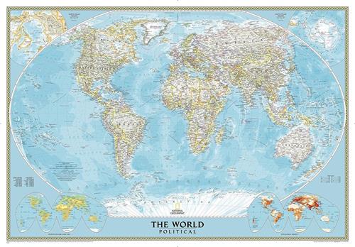 Wereldkaart poster - werelddelen - steden - rivieren - geplastificeerd - oversized - National Geographic - 122 x 176 cm
