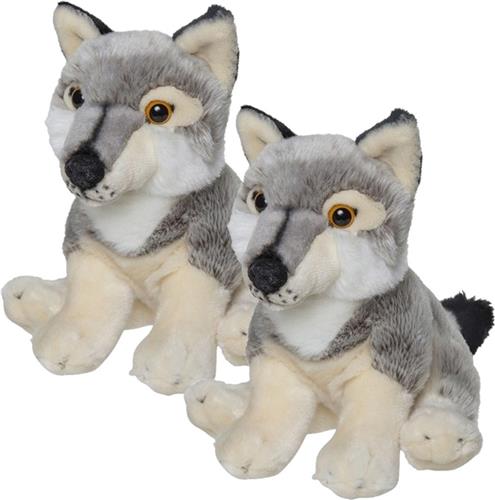 2x stuks pluche grijze wolf knuffel 22 cm - Wolven wilde dieren knuffels - Speelgoed voor kinderen