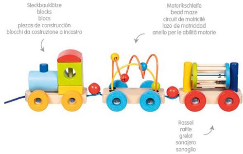 Trein: RIO 37x8x9cm, met stapelblokken, parelstructuur en ratel, 7-delig, hout, 2+