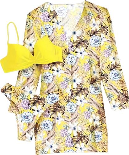 Nivard Bikini Set Dames - Strandjurk - Volwassenen - Strandtuniek - Blouse - Geel - Maat L