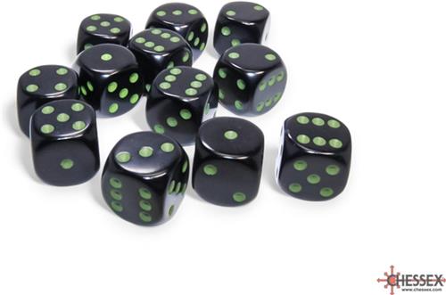 Chessex 12 x D6 Set Opaque 16mm - Black/Green