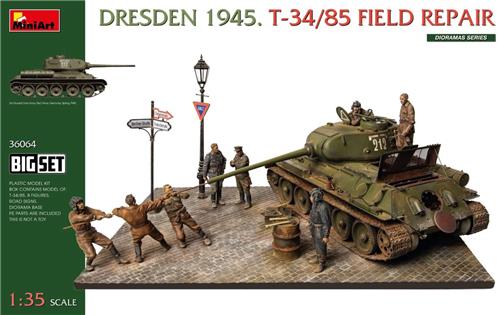 MiniArt Modelbouwpakket Diorama - 36064 Dresden 1945. T-34/85 Tank Veldreparatie - Big Set - Diorama Plastic - 1:35