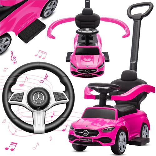 Mercedes C-Class Kindervoertuig 4in1, Loopauto met Claxon, Opbergruimte, Voetsteun, Duwstang, tot 2 jaar, max 27 kg, baby ride on (Roze)