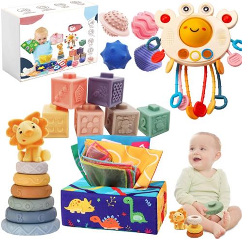 Montessori Speelgoed Vanaf 1 Jaar - 5-in-1 Babyspeelgoed Vanaf 6-12 Maanden - Krab Speelgoed - Tissuebox - Stapelspeelgoed - Knijpballen - Bijtring - Cadeau Voor Jongens En Meisjes