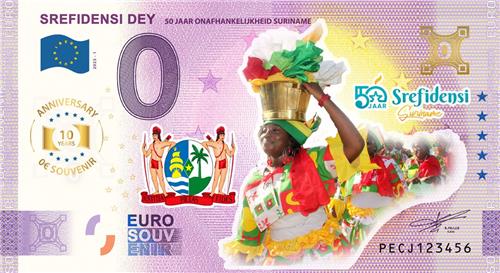 0 Euro biljet Nederland 2025 - Srefidensi Dey 50 jaar onafhankelijk ANNIVERSARY KLEUR
