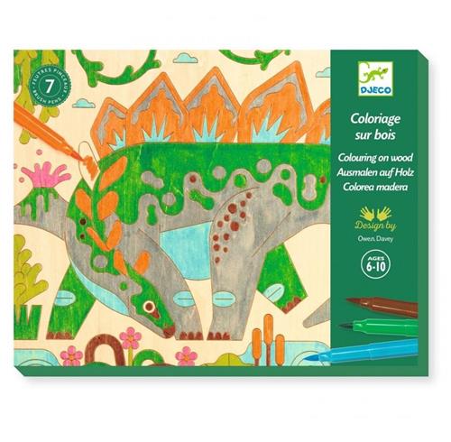 Djeco Knutselpakket Dino Wereld  Kleurplaten op Hout met Viltstiften  Vanaf 6 Jaar  Creatieve Set met Dinosaurus Thema