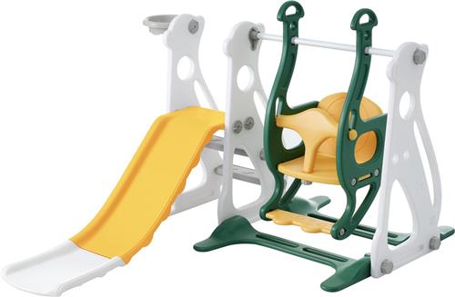 Merax 4-in-1 Speeltoestel - Indoor Speelplaats Kinderschommel en Glijbaan - Schommel - Trap en Basketbalring - Wit met Groen en Geel