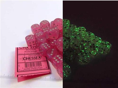 Chessex Borealis D6 12mm Pink/silver Luminary Dobbelsteen Set (36 stuks)