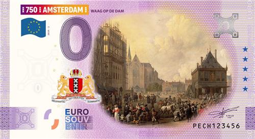 0 Euro biljet Nederland 2024 - Amsterdam II Waegh op de Dam KLEUR