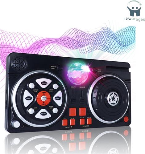 LifeStages - DJ Set Kinderen - Compleet Met Mixer - 46 Geluidseffecten - AUX-Kabel Voor Je - Eigen Muziek - DJ-Set Voor Kinderen - Draagbaar - En - Werkt Op Batterijen - 39,3 x20,5x6,4 cm - Zwart