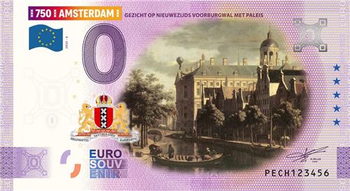 0 Euro biljet Nederland 2025 - Amsterdam VI Gezicht op Nieuwezijds Voorburgwal KLEUR