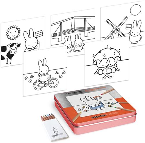 Nijntje Kleurkaarten Post 10 Stuks - Giftbox/Blikje incl Enveloppen&Potloden - 5 Designs (5x2) - 25x25x3cm