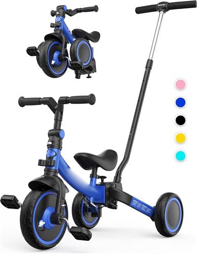 7-in-1 Peuterdriewieler met Stuurhendel Grip - Geschikt voor 1-5 Jaar - Vouwbare Wielen - Peuterfiets met Wielkoppeling - Grotere Wielen - Verwijderbare Pedalen - Verstelbare Zadelhoogte - Blauw