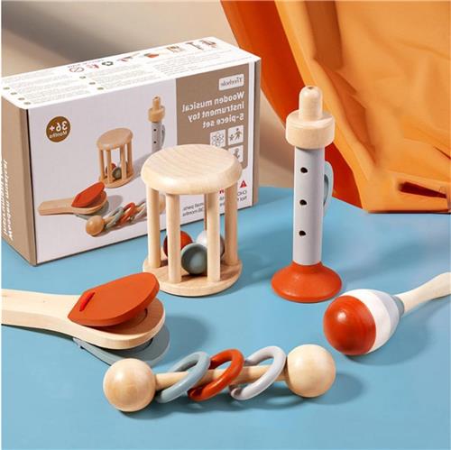 Muziekinstrumenten Voor Kinderen - 5 Stuks Houten Speelgoed - Montessori Muziekspeelgoed - Trompet - Castagnetten - Maracas - Koirammels - Ringrammelaars - Babymuziekspeelgoed Vanaf 1-2-3 Jaar