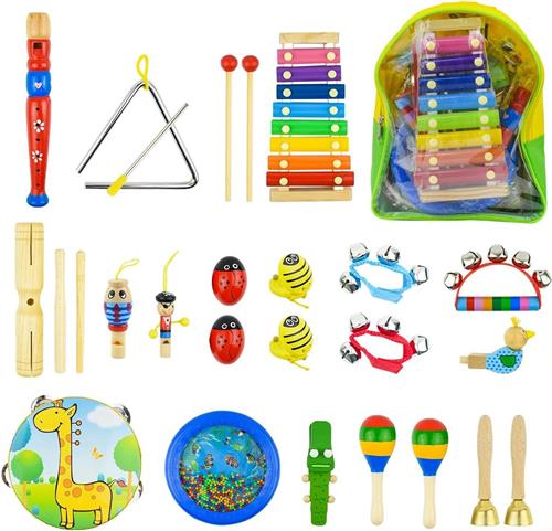 27 Stuks Houten Percussie-Instrumenten - Muziekspeelgoed Voor Peuters - Baby Muziekinstrumenten 0-6 Maanden - 1 Jaar - Bevordert Vroege Ontwikkeling - Inclusief Rugzak