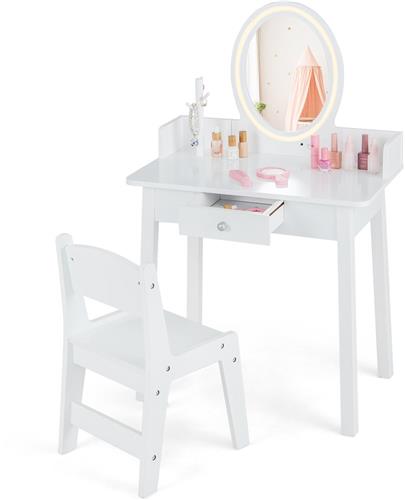 COSTWAY 2-in-1 kindermake-uptafel met kruk, kaptafel met verlichting, kaptafel van hout met lade en sieradenorganizer, make-uptafel prinses voor meisjes vanaf 3 jaar (wit)