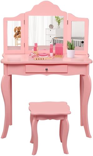 COSTWAY Kindermake-uptafel, 2-in-1 make-uptafel en bureau met afneembare spiegel en kruk, kaptafel met lade en dennenpoten, make-uptafel tot 65 kg belastbaar, 70 x 34 x 100 cm (roze)