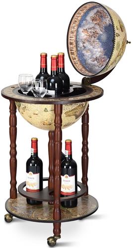 SureDeal® - Barwagen Eucalyptushouten Globe - Antieke Wereldbol Wijnbar met Wielen - Italiaans Stijlvol Wijnrek - 45x45x88 cm