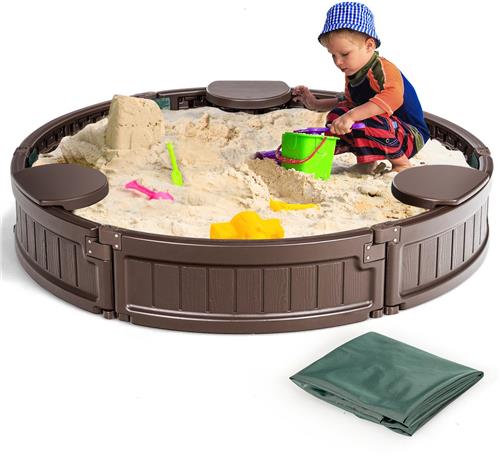 COSTWAY Ø 120 cm ronde zandbak met waterdichte afdekking en vloerbekleding, outdoor zandbak ruimte voor 3 kinderen