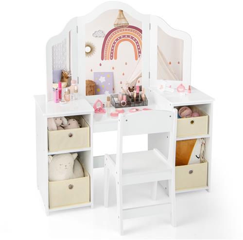 COSTWAY 2-in-1 Kinderkaptafel en Bureau Met Afneembare Spiegel, Open Vakken, Houten Kaptafel Met Stoel, Roze