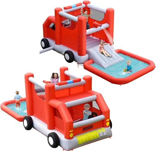 COSTWAY Springkasteel met ventilator, glijbaan, kinderbadje, kinderspringkasteel in brandweerstijl, springslot voor binnen en buiten, 564 x 268 x 212 cm