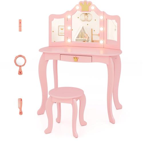 COSTWAY Make-uptafel voor kinderen, met verlichting, kaptafel voor meisjes met drievoudig inklapbare spiegel en lade, make-uptafel van hout met kruk, kinderkaptafel set voor kinderen vanaf 3 jaar