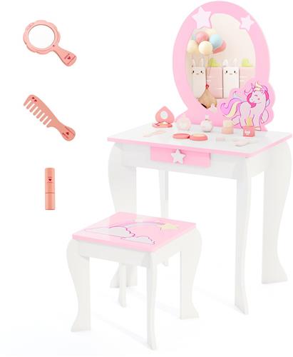 COSTWAY Kindermake-uptafel met kruk, prinsessenkaptafel met lade en afneembare spiegel, roze kapcommode voor meisjes van 3 tot 7 jaar (wit)