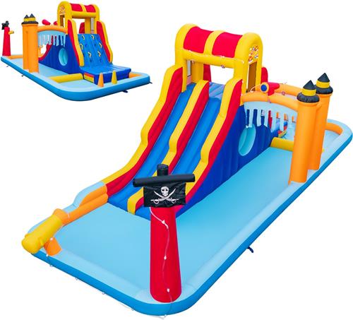 COSTWAY Springkasteel met twee glijbanen, klimwand, kruipholte, waterkanon & kinderbadje, bouncy Castle, waterpark voor kinderen, 693 x 295 x 263 cm