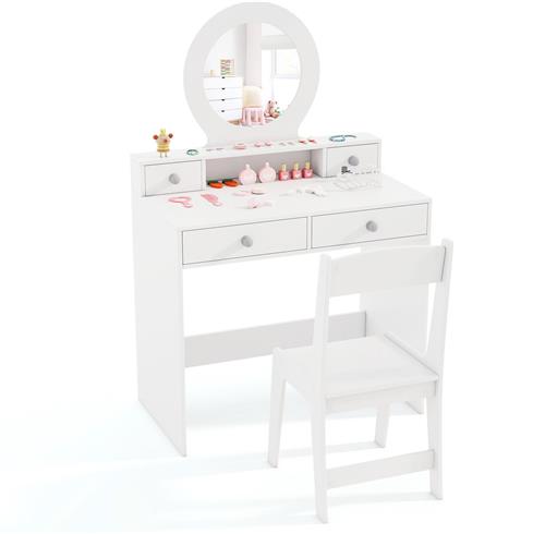 COSTWAY 2-in-1 kinderkaptafelset, kinderkaptafel met spiegel, open plank en 4 laden, kaptafel prinses met kruk, make-uptafel voor meisjes vanaf 3 jaar, wit