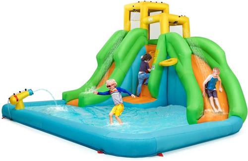 COSTWAY Springkasteel, waterpark met twee glijbanen, klimwand, basketbalmand, kinderbadje en waterkanon, incl. draagtas, reparatieset, haringen, 400 x 361 x 255 cm (zonder blazer)