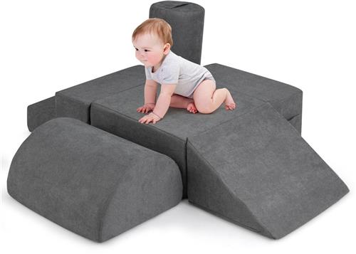 COSTWAY 6-delige zachte bouwstenen, schuimbouwstenen voor klimmen en kruipen voor baby's en peuters, reuzenbouwstenen van schuim, grote bouwstenen voor binnen, 220 x 25 cm, grijs