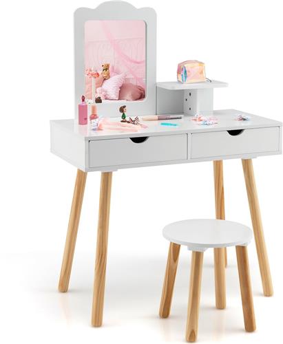 COSTWAY Make-uptafelset voor kinderen, 2-in-1 kaptafel, bureau en kruk met afneembare spiegel, 2 laden, kam, houten kaptafel voor meisjes van 3 tot 7 jaar