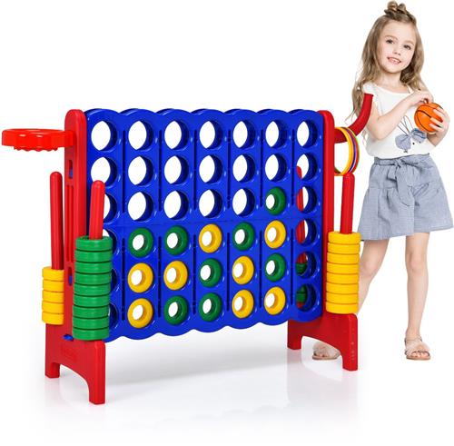 COSTWAY Enorme 4 wint speelset met basketbalkorf en werpspel, incl. 42 jumbo-ringen en schuifregelaar om snel opnieuw te beginnen, vier in een rij spel groot (blauw + rood)