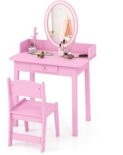 COSTWAY 2-in-1 kindermake-uptafel met kruk, kaptafel met verlichting, kaptafel van hout met lade en sieradenorganizer, make-uptafel prinses voor meisjes vanaf 3 jaar (roze)
