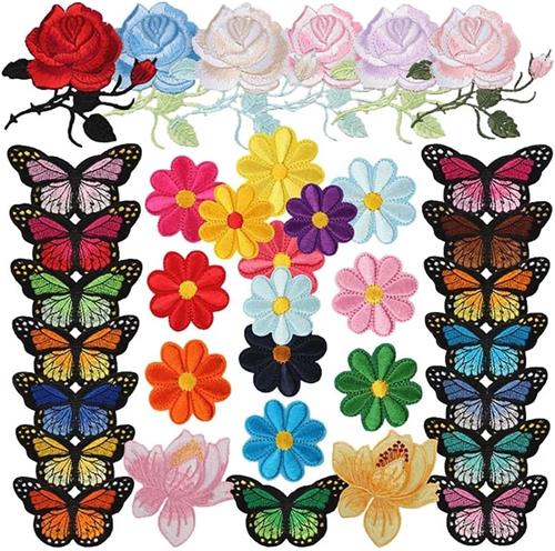 SNQ Borduurwerkapplicaties - 36 stuks - Vlinderbloemapplicaties - Geschikt voor naaien, borduren, patches, applicaties, rozen, doe-het-zelf knutselen Poppenhuisaccessoires