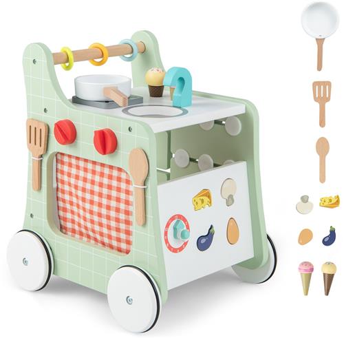 COSTWAY 6-in-1 loophulp van hout, loopwagen met speelkeuken, leerklok, vormaanpassing en beweegbare schuiver, educatief speelgoed, activiteitencentrum met wielen, voor kinderen vanaf 1 jaar