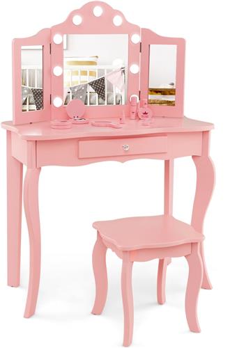 COSTWAY 2-in-1 kindermake-uptafel, kaptafel met ledverlichting, inklapbare spiegel en laden, make-uptafel prinses voor kinderen en meisjes (roze)
