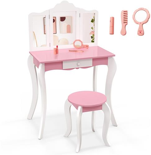 COSTWAY 2-in-1 kindermake-uptafel met kruk, kaptafel met 3-voudig afneembare spiegel en lade, make-uptafel voor meisjes, van hout, 68 x 42 x 100 cm (roze + wit)