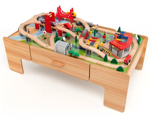 COSTWAY 100-Delige Trein Set Tafel, Multifunctionele Houten Kinder Activiteitentafel met Omkeerbaar Tafelblad, Opberglade, 100 Inbegrepen Accessoires, Creatieve Trein en Spoor Speelset voor Kinderen van 3 +