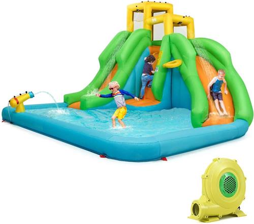 COSTWAY Springkasteel met blazer, waterpark met twee glijbanen, klimwand, basketbalmand, kinderbadje en waterkanon, incl. draagtas, reparatieset, haringen, 400 x 361 x 255 cm