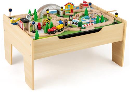COSTWAY 78-delige kinderspoorwegset, 5-in-1 spoorwegtafel van hout met omkeerbaar tafelblad en bord, multifunctionele speeltafel, houten spoorbaan voor kinderen vanaf 3 jaar
