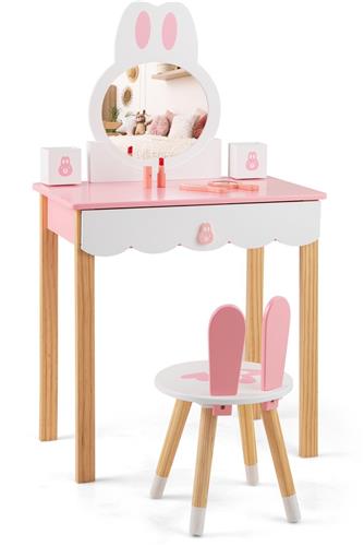 COSTWAY Make-uptafel voor kinderen, met kruk, prinsessen-make-uptafel, kaptafel met spiegel, laden en opbergdoos, make-uptafel, kaptafel voor meisjes en kinderen (roze)