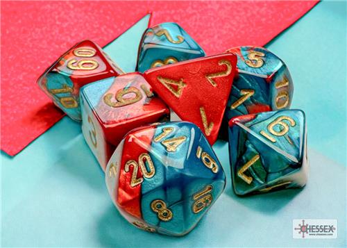 Chessex Gemini Mini-Polyhedral Red-Teal/gold Dobbelsteen Set (7 stuks)