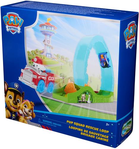 PAW Patrol Pup Squad-reddingslooping, baanspeelset met Pup Squad-speelgoedauto's van Chase en Marshall en voertuigwerper