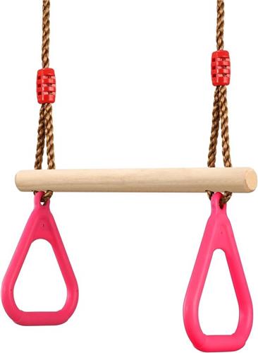 Multifunctionele houten trapeziumschommel met kunststof turnringen om op te hangen, belastbaar tot 160 kg - Roze