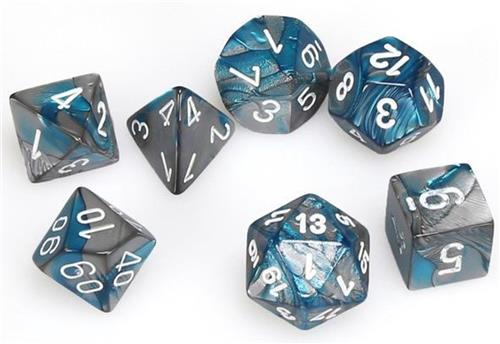 Chessex Gemini Mini-Polyhedral Steel-Teal/white Dobbelsteen Set (7 stuks)